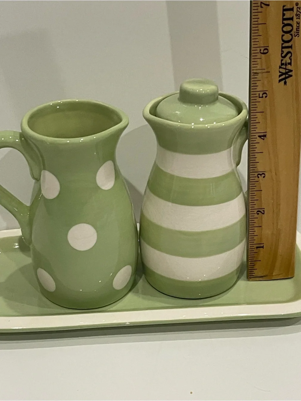 Hallmark Green and White Polka Dot & Stripe Ceramic Creamer Set with Tray